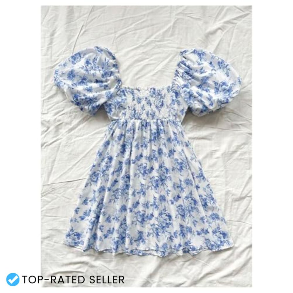 Floral Puff Sleeve Square Neck Mini Dress Boho Chic Casual Summer Picnic - Picture 2 of 5